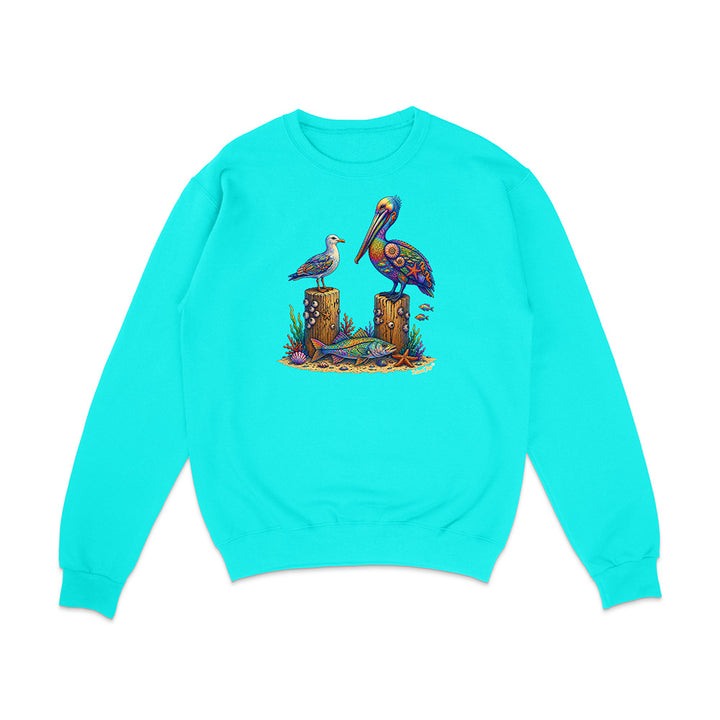 Turquoise sweatshirt with a colorful pelican design on a white background