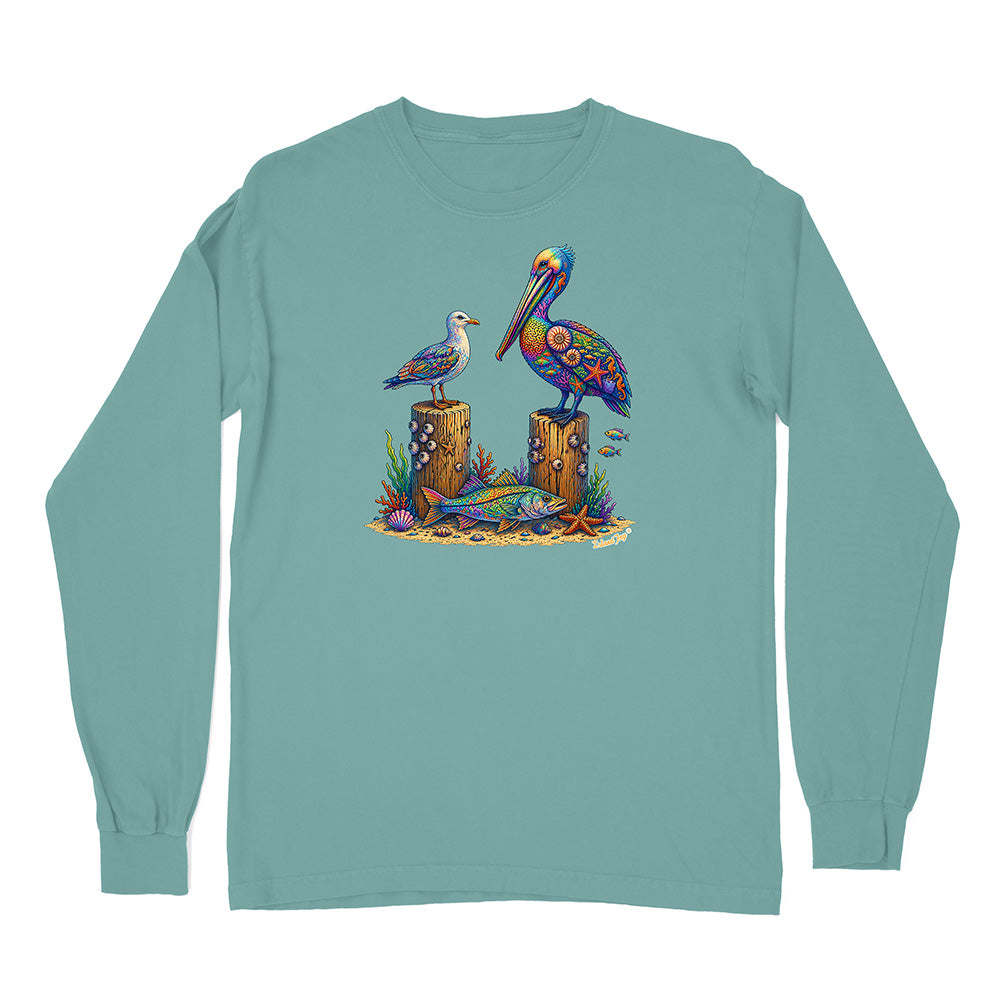 Teal long-sleeve shirt with a colorful pelican design on a white background