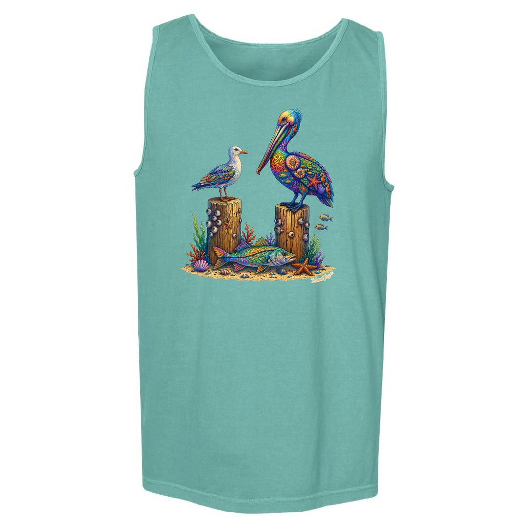 Teal tank top with a colorful pelican design on a white background
