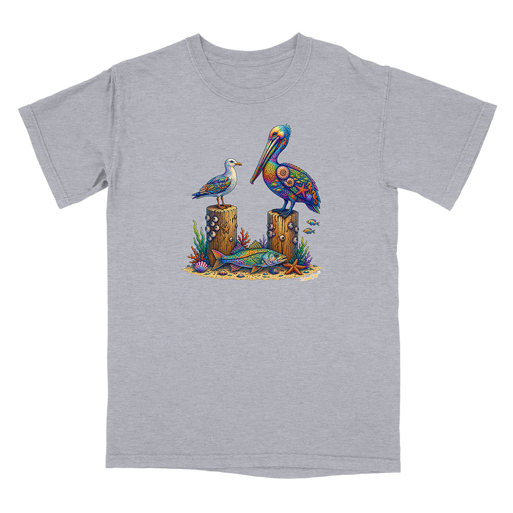 Gray t-shirt with a colorful pelican design on a white background