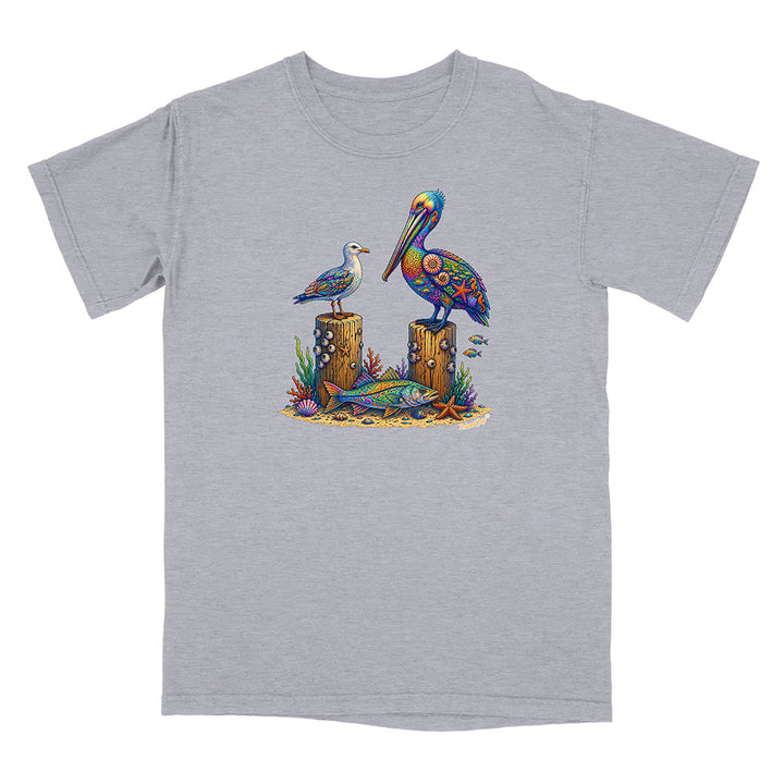 Gray t-shirt with a colorful pelican design on a white background