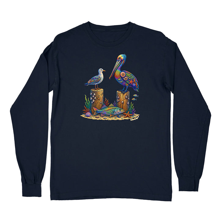 Navy blue long-sleeve shirt with a colorful pelican design on a white background