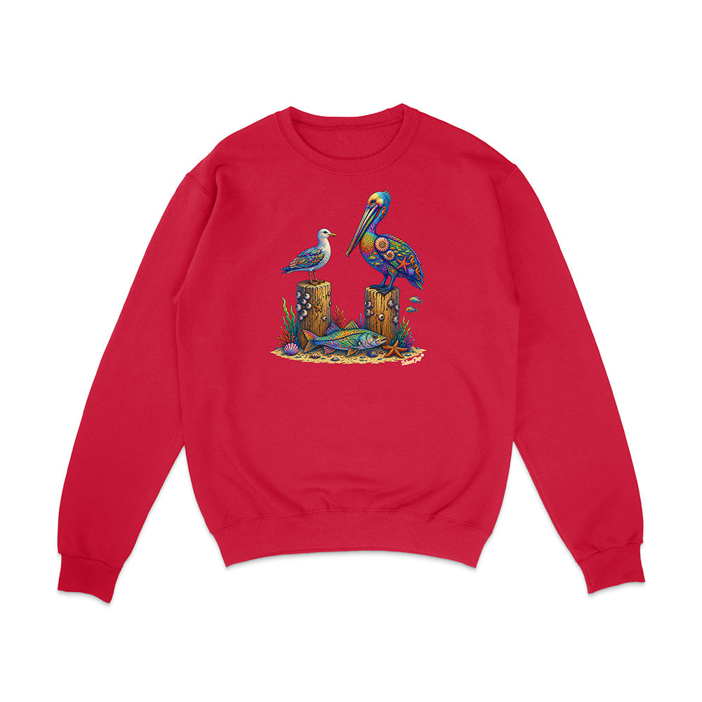 Red sweatshirt with a colorful bird design on a white background