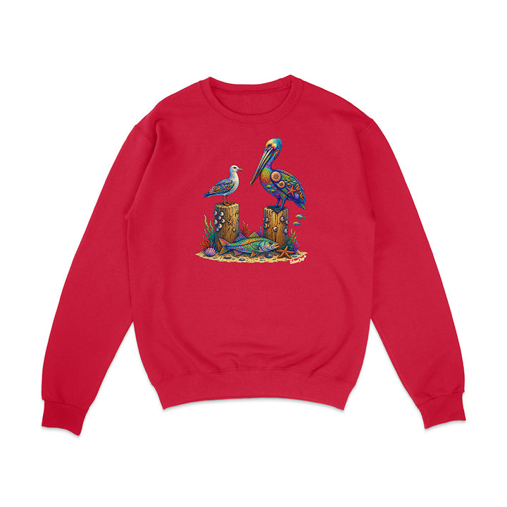 Red sweatshirt with a colorful bird design on a white background