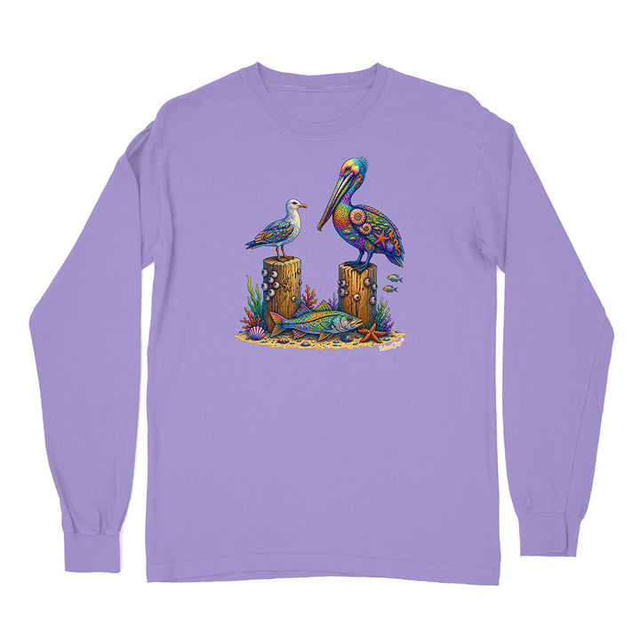 Purple long-sleeve shirt with a colorful pelican design on a white background