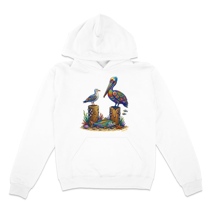 White hoodie with a colorful pelican design on a white background