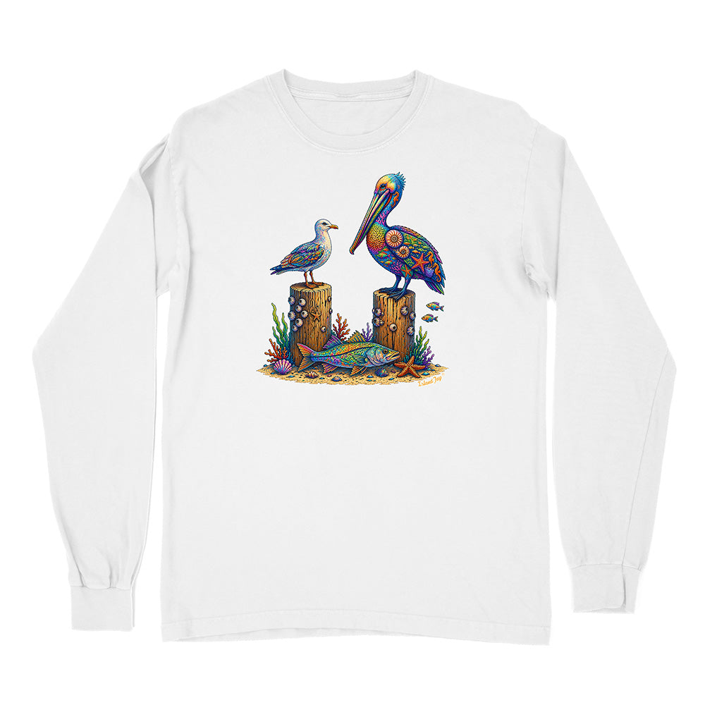 White long-sleeve shirt with a colorful pelican design on a white background