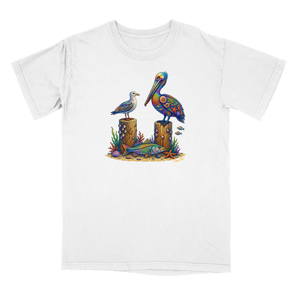 White t-shirt with a colorful pelican design on a white background