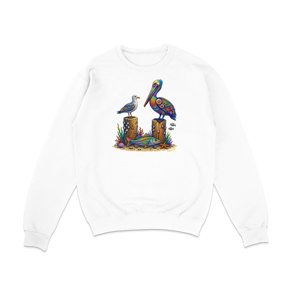 White sweatshirt with a colorful pelican design on a white background