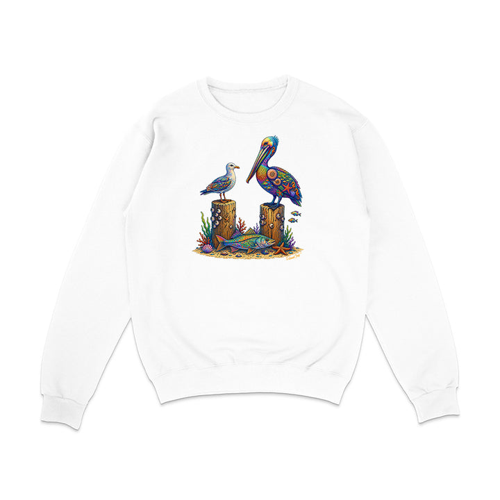 White sweatshirt with a colorful pelican design on a white background