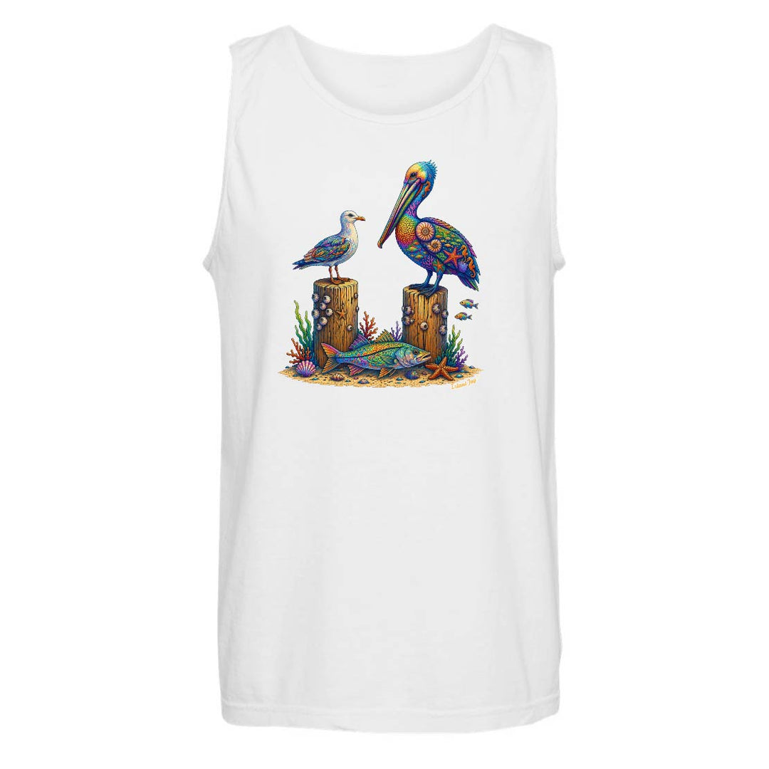White tank top with colorful pelican design on a white background