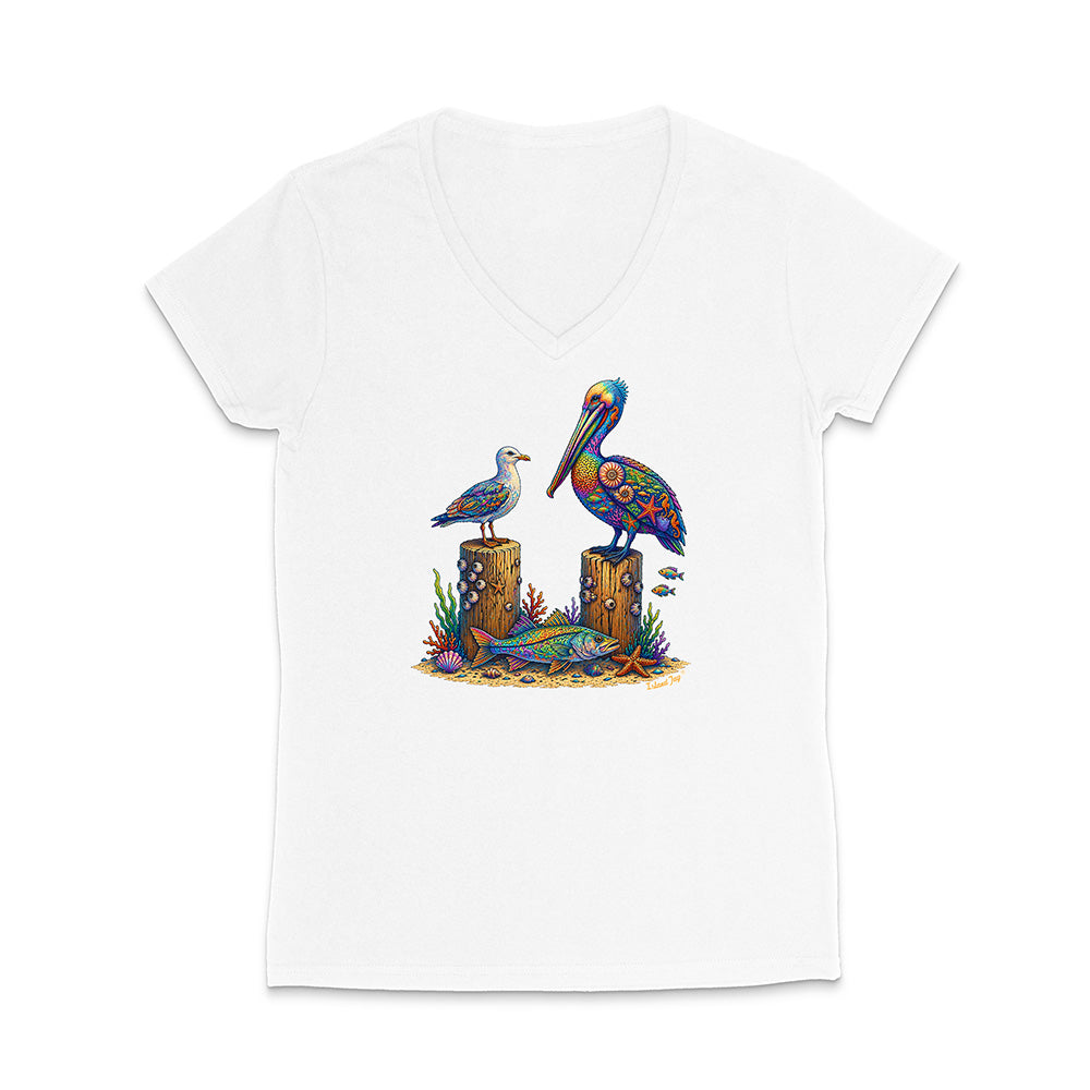 White t-shirt with a colorful pelican design on a white background