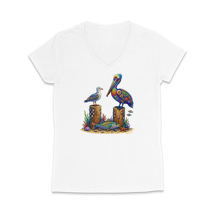 White t-shirt with a colorful pelican design on a white background