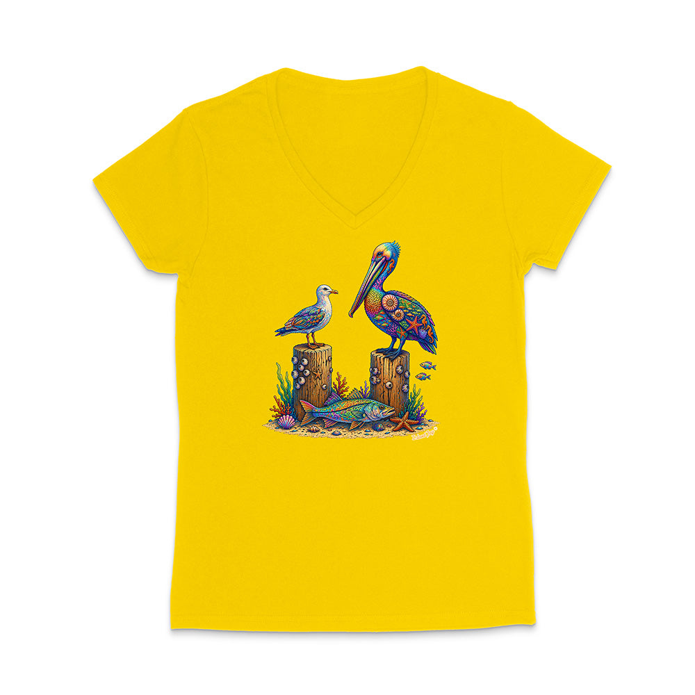 Yellow t-shirt with a colorful bird design on a white background
