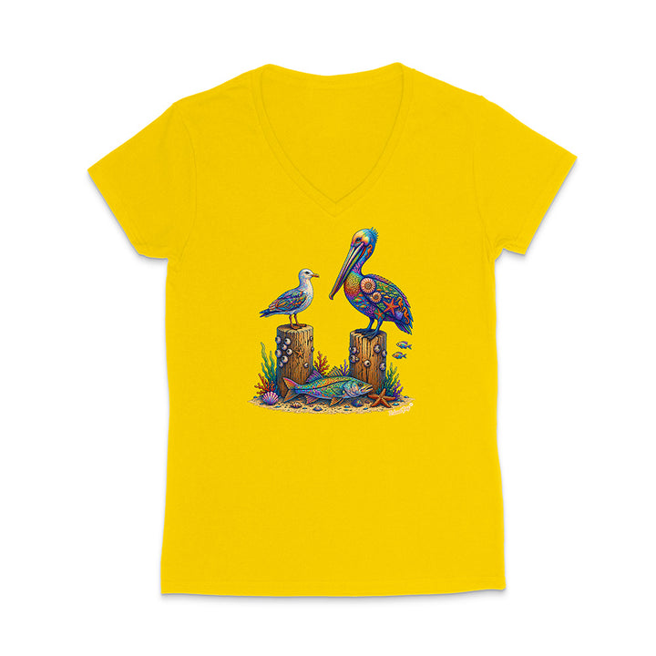 Yellow t-shirt with a colorful bird design on a white background