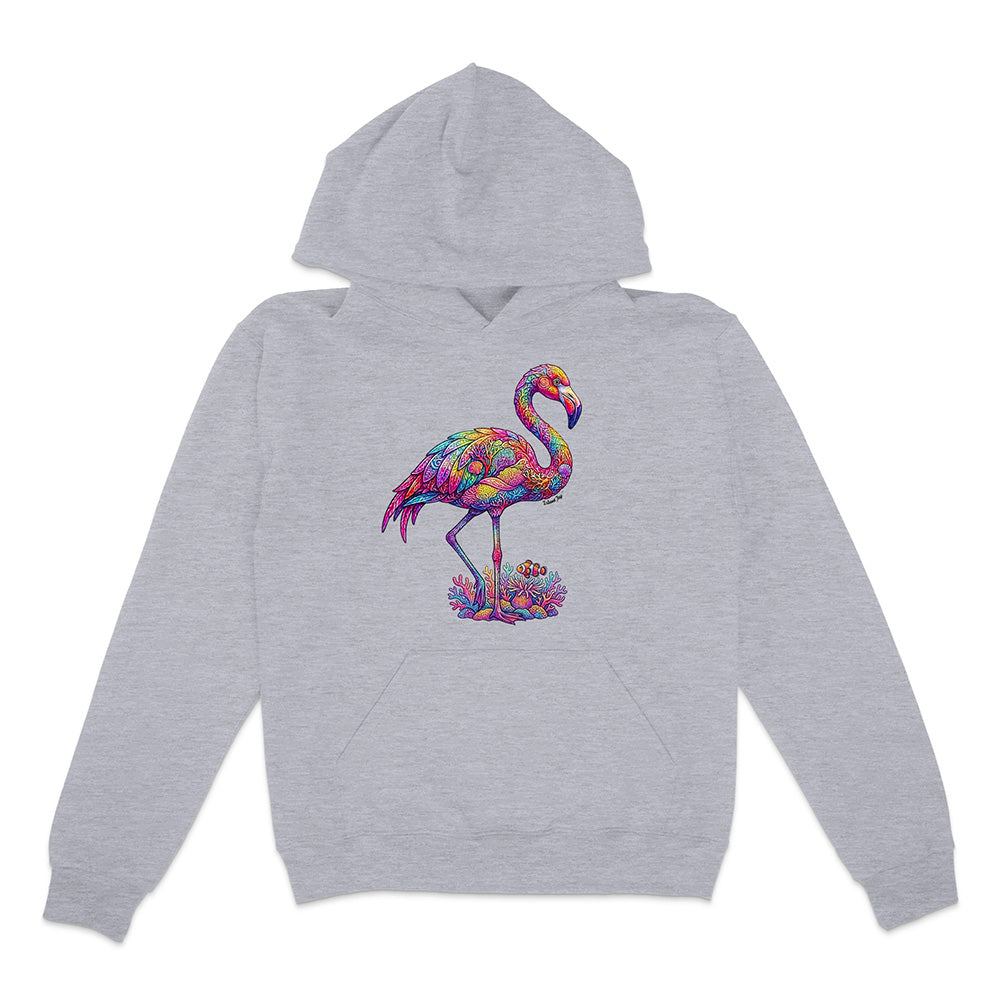Gray hoodie with a colorful flamingo design on a white background