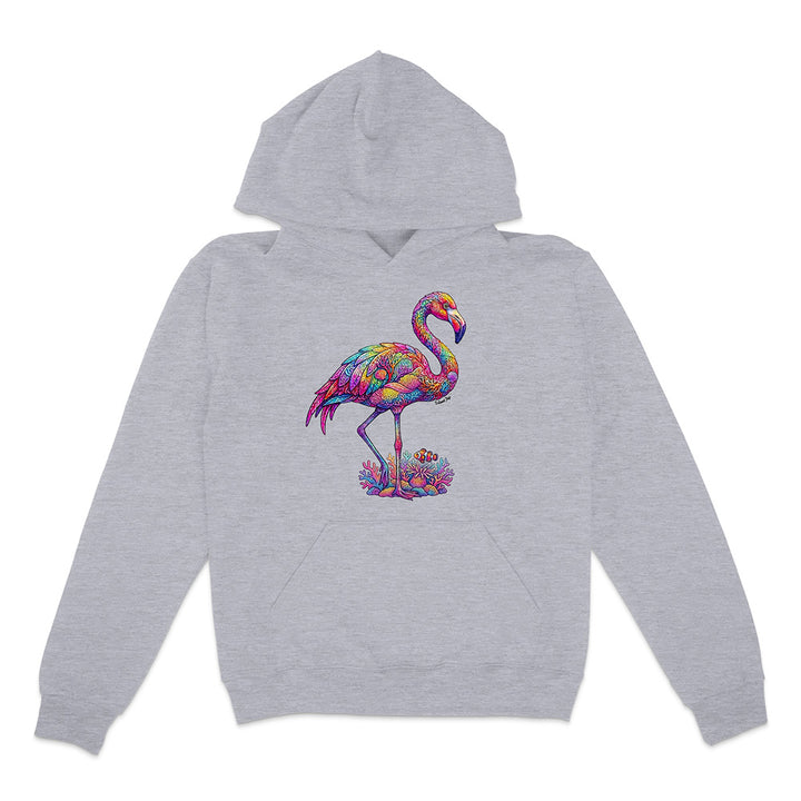 Gray hoodie with a colorful flamingo design on a white background