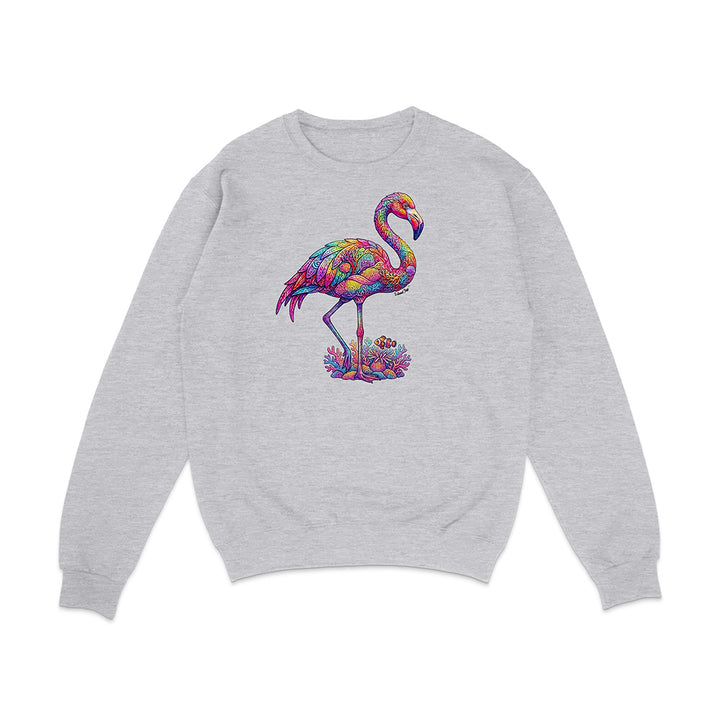 Gray sweatshirt with a colorful flamingo design on a white background