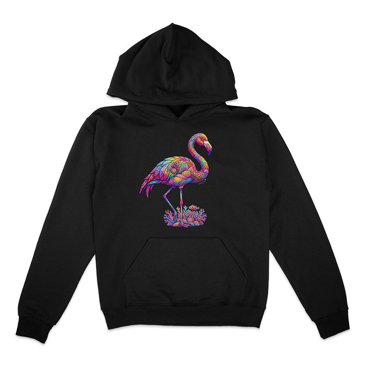 Black hoodie with a colorful flamingo design on a white background