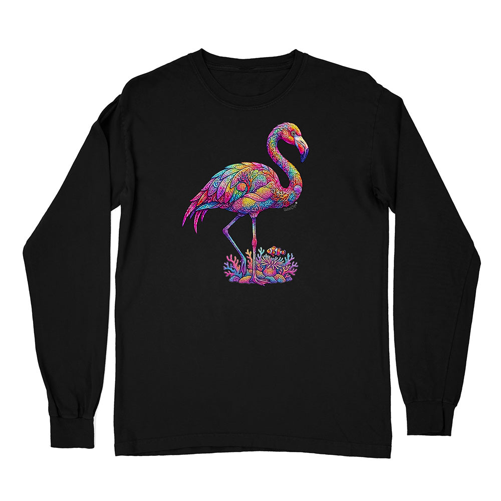 Black long-sleeve shirt with a colorful flamingo design on a white background
