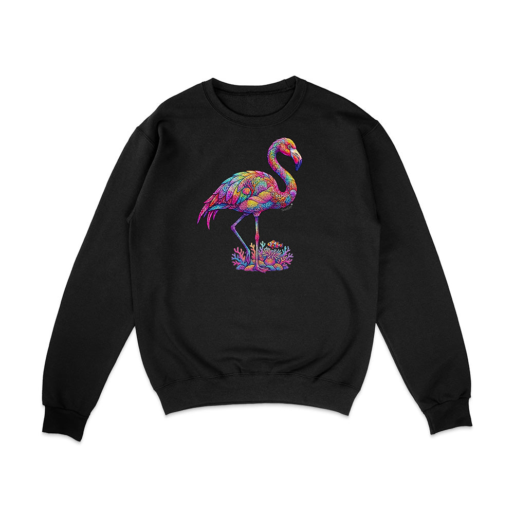 Black sweatshirt with a colorful flamingo design on a white background
