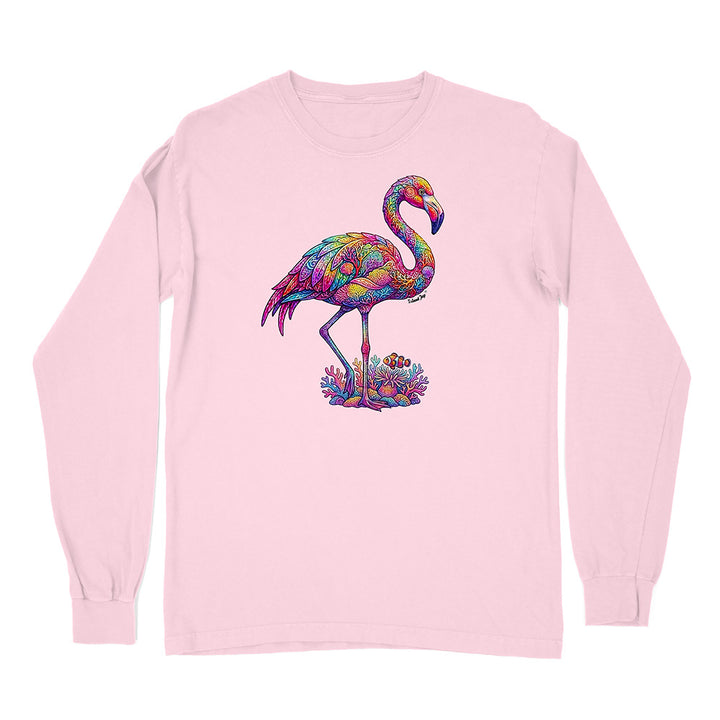 Pink long-sleeve shirt with a colorful flamingo design on a white background