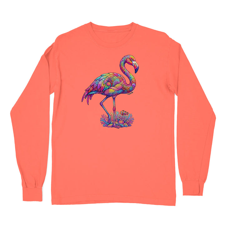 Coral long-sleeve shirt with a colorful flamingo design on a white background