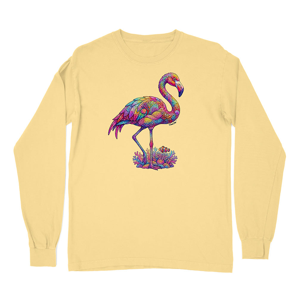 Yellow long-sleeve shirt with a colorful flamingo design on a white background