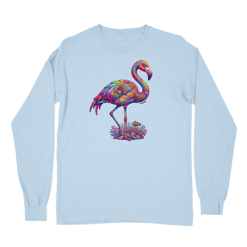 Light blue long-sleeve shirt with a colorful flamingo design on a white background