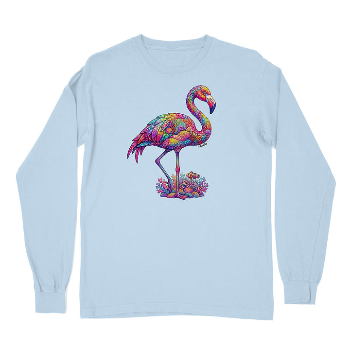 Light blue long-sleeve shirt with a colorful flamingo design on a white background