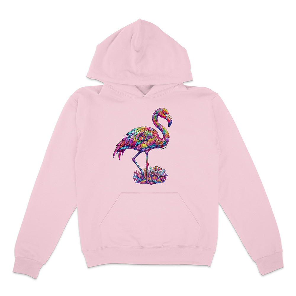 Pink hoodie with a colorful flamingo design on a white background