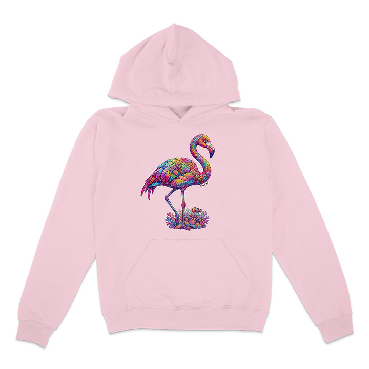 Pink hoodie with a colorful flamingo design on a white background