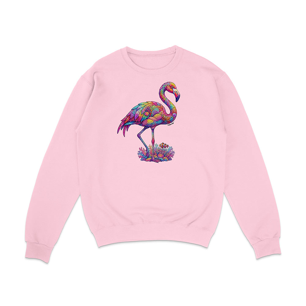 Pink sweatshirt with a colorful flamingo design on a white background