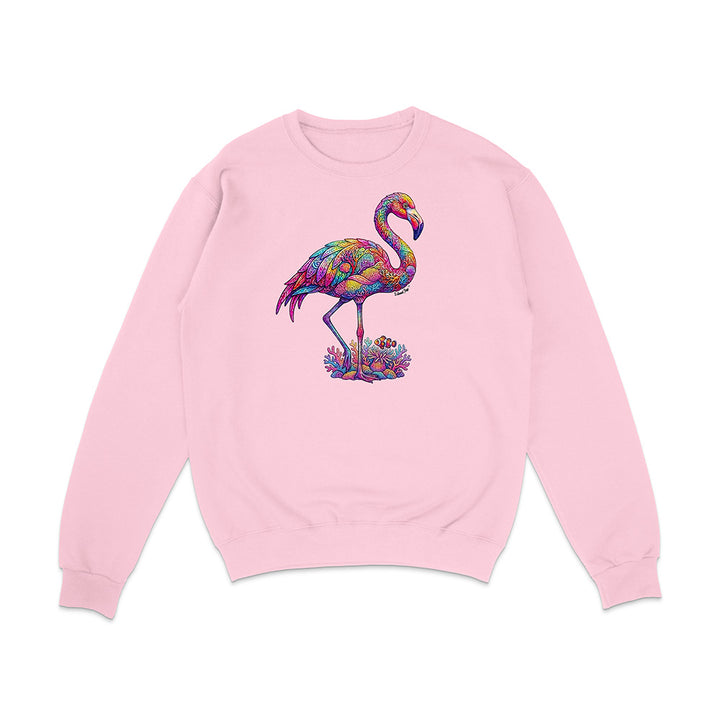 Pink sweatshirt with a colorful flamingo design on a white background
