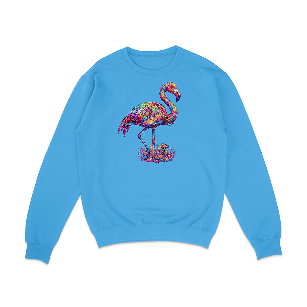 Blue sweatshirt with a colorful flamingo design on a white background