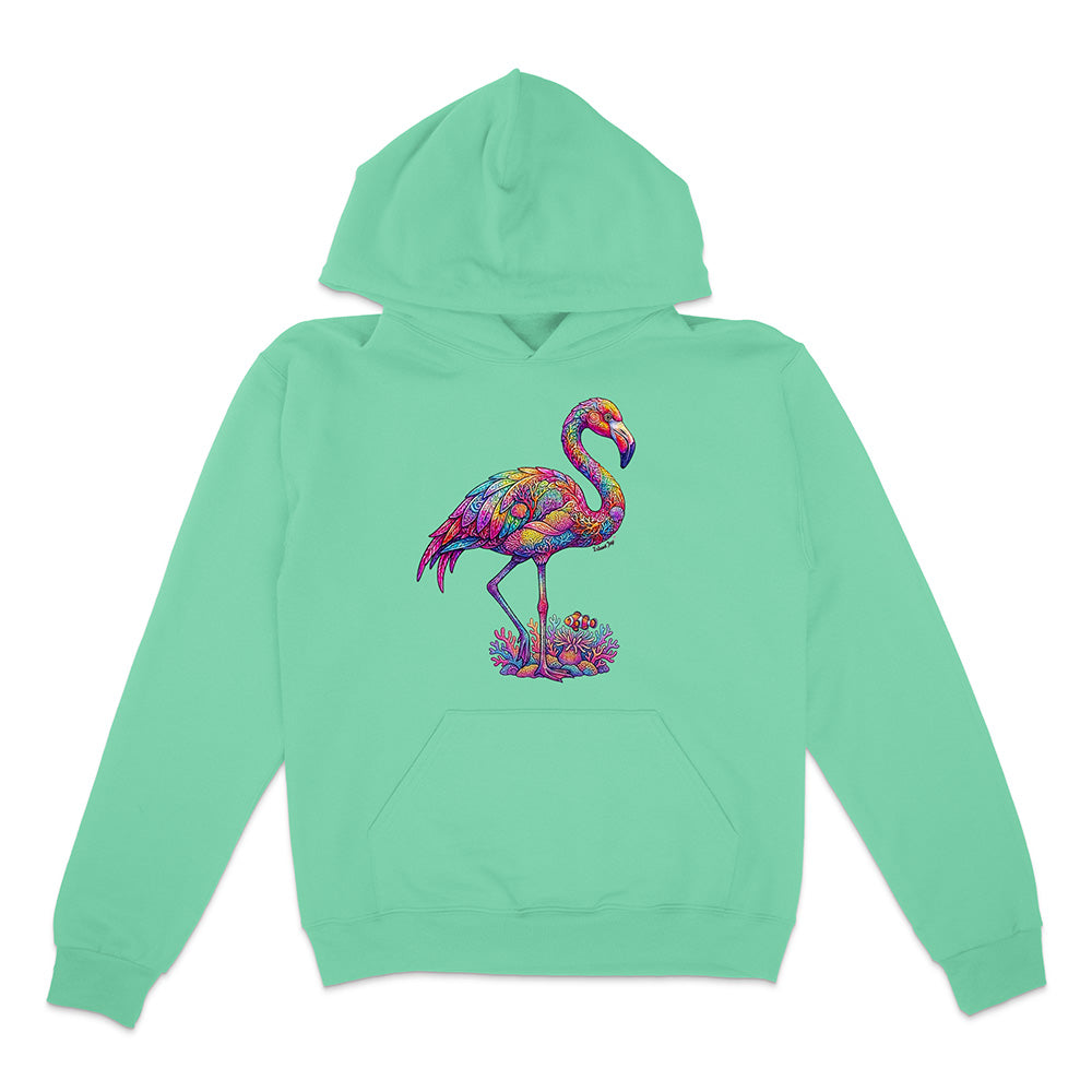 Mint green hoodie with a colorful flamingo design on a white background