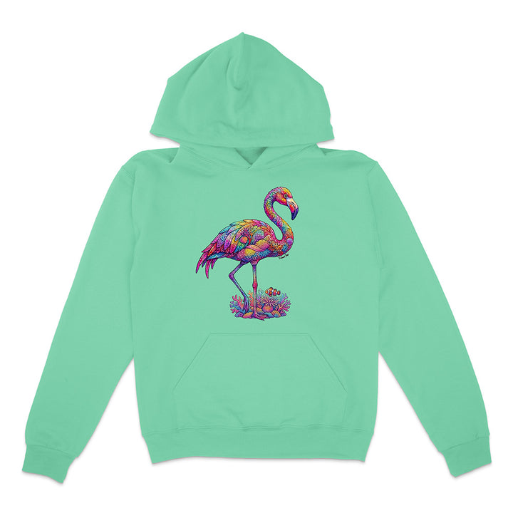 Mint green hoodie with a colorful flamingo design on a white background