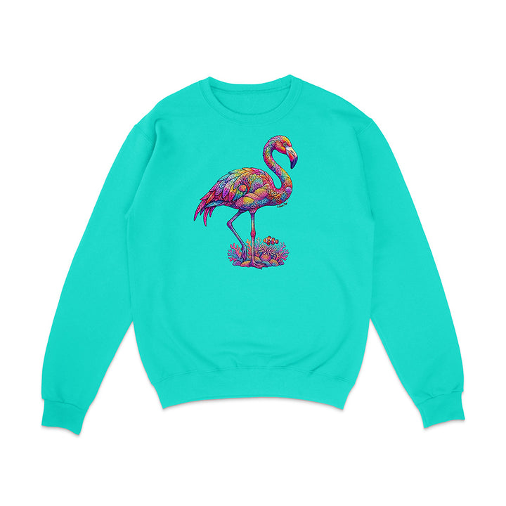 Turquoise sweatshirt with a colorful flamingo design on a white background