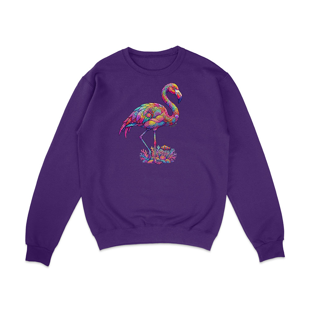 Purple sweatshirt with a colorful flamingo design on a white background