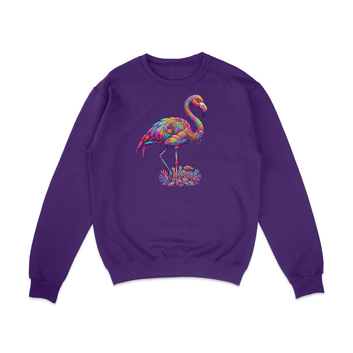 Purple sweatshirt with a colorful flamingo design on a white background