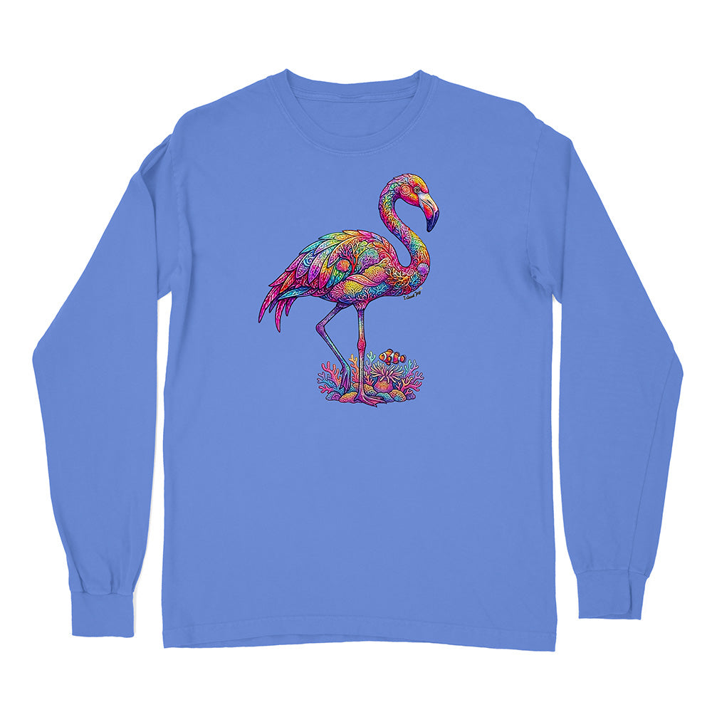 Blue long-sleeve shirt with a colorful flamingo design on a white background