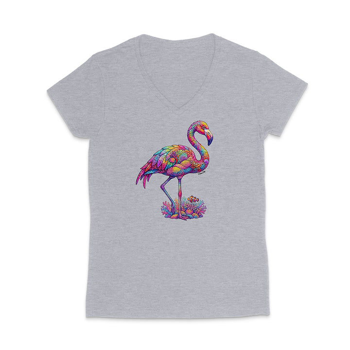 Gray t-shirt with a colorful flamingo design on a white background