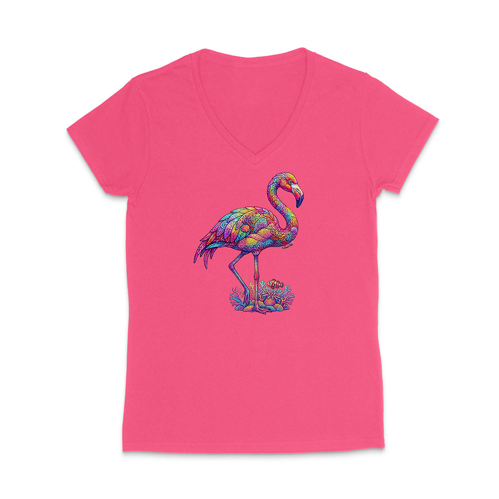 Pink t-shirt with a colorful flamingo design on a white background
