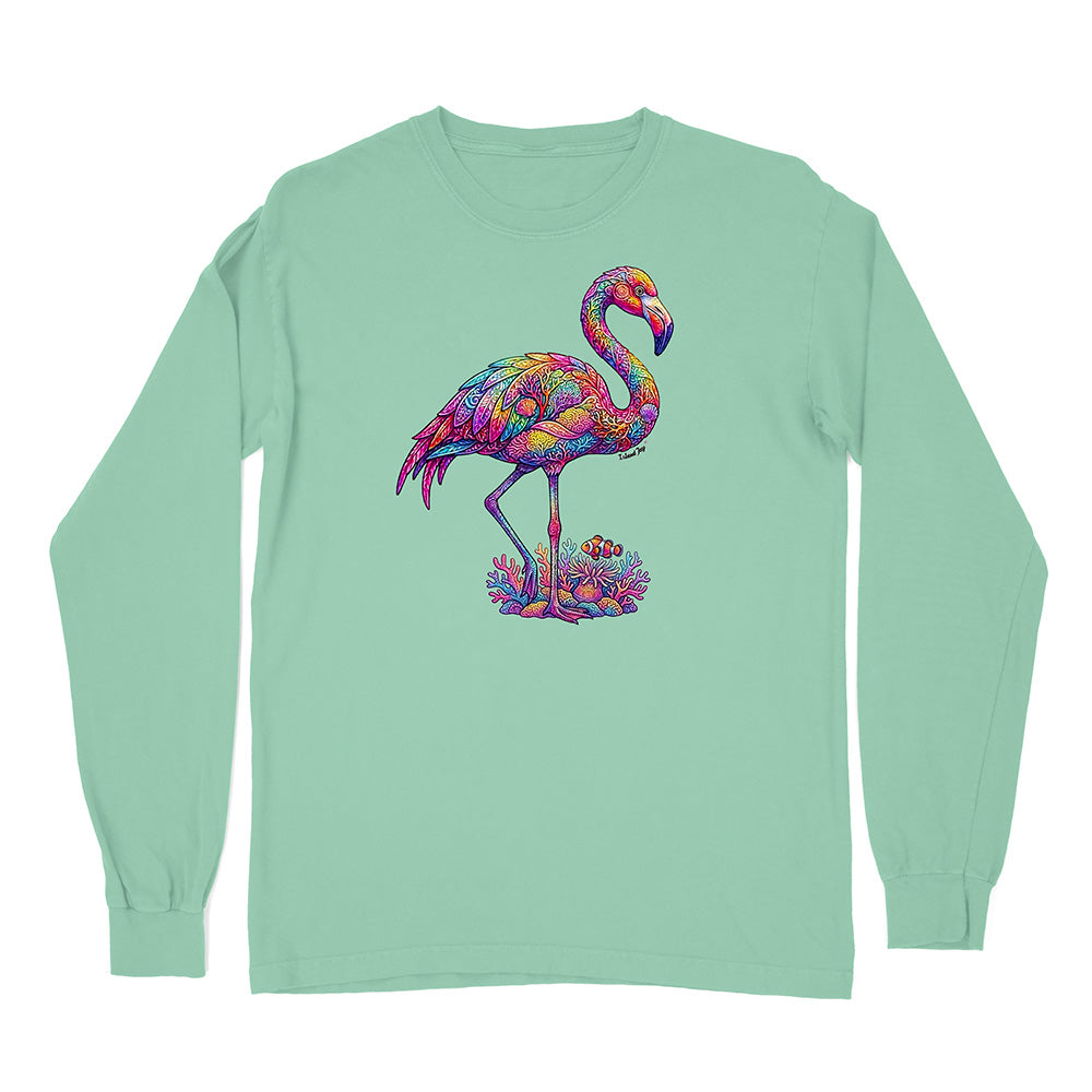 Mint green long-sleeve shirt with a colorful flamingo design on a white background