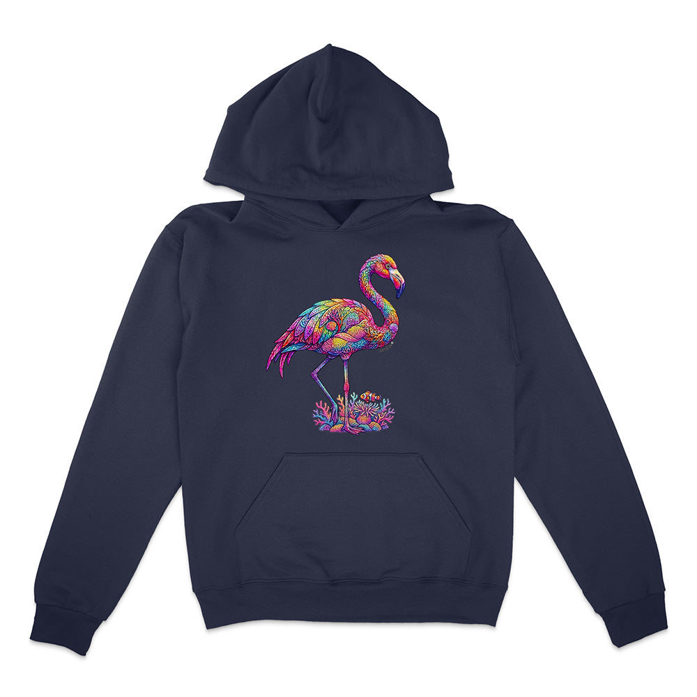Navy blue hoodie with a colorful flamingo design on a white background
