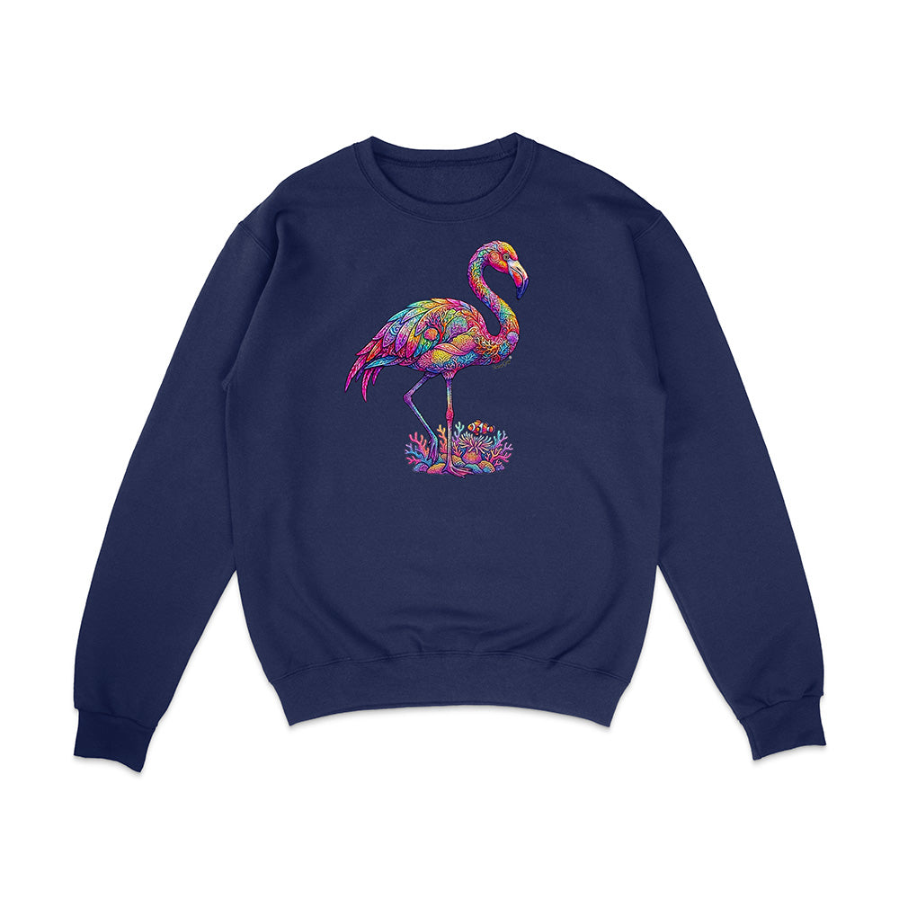 Navy blue sweatshirt with a colorful flamingo design on a white background