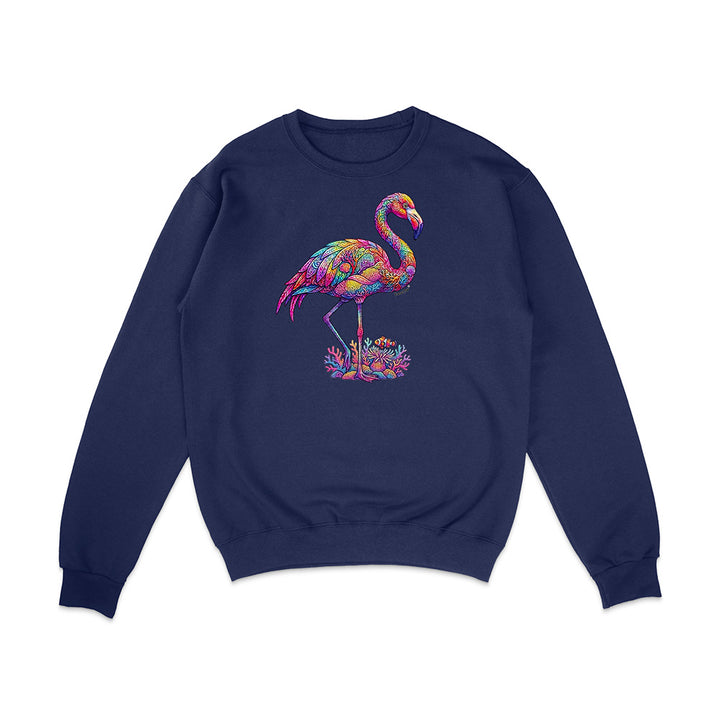 Navy blue sweatshirt with a colorful flamingo design on a white background