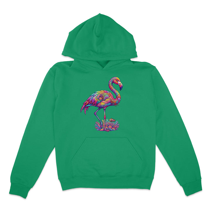 Green hoodie with a colorful flamingo design on a white background