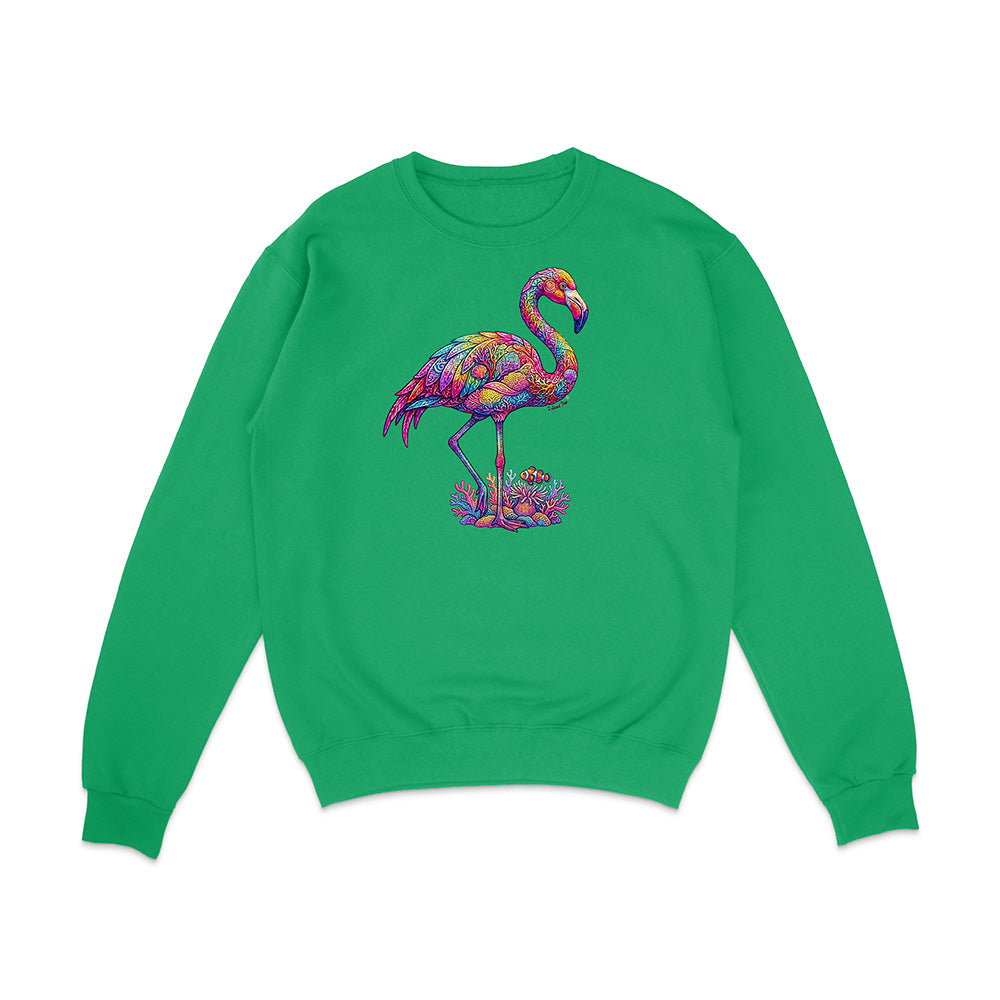 Green sweatshirt with a colorful flamingo design on a white background