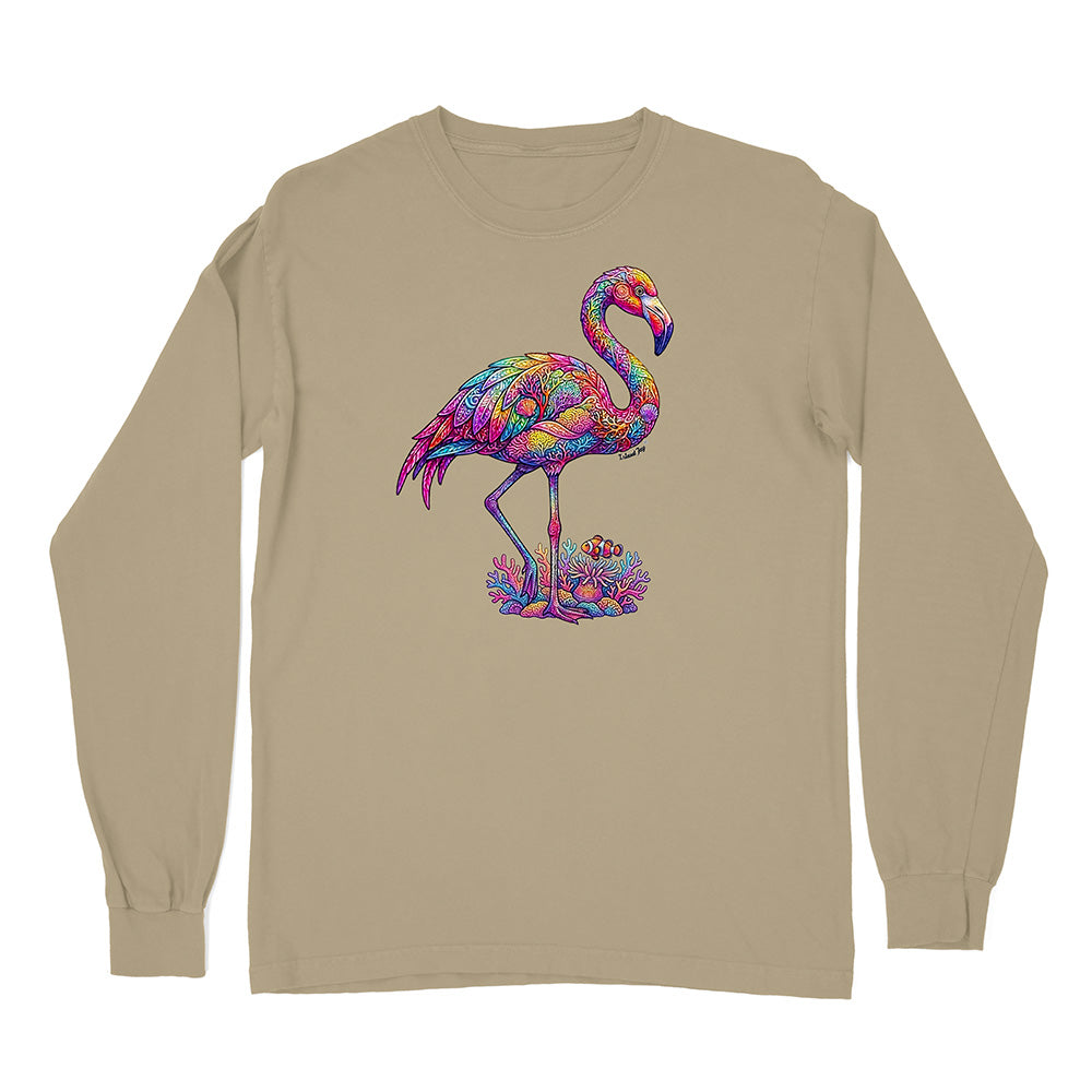 Beige long-sleeve shirt with a colorful flamingo design on a white background